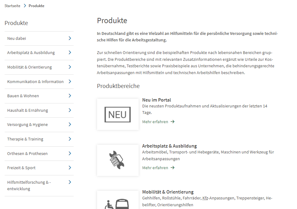 Screenshot Produktbereiche